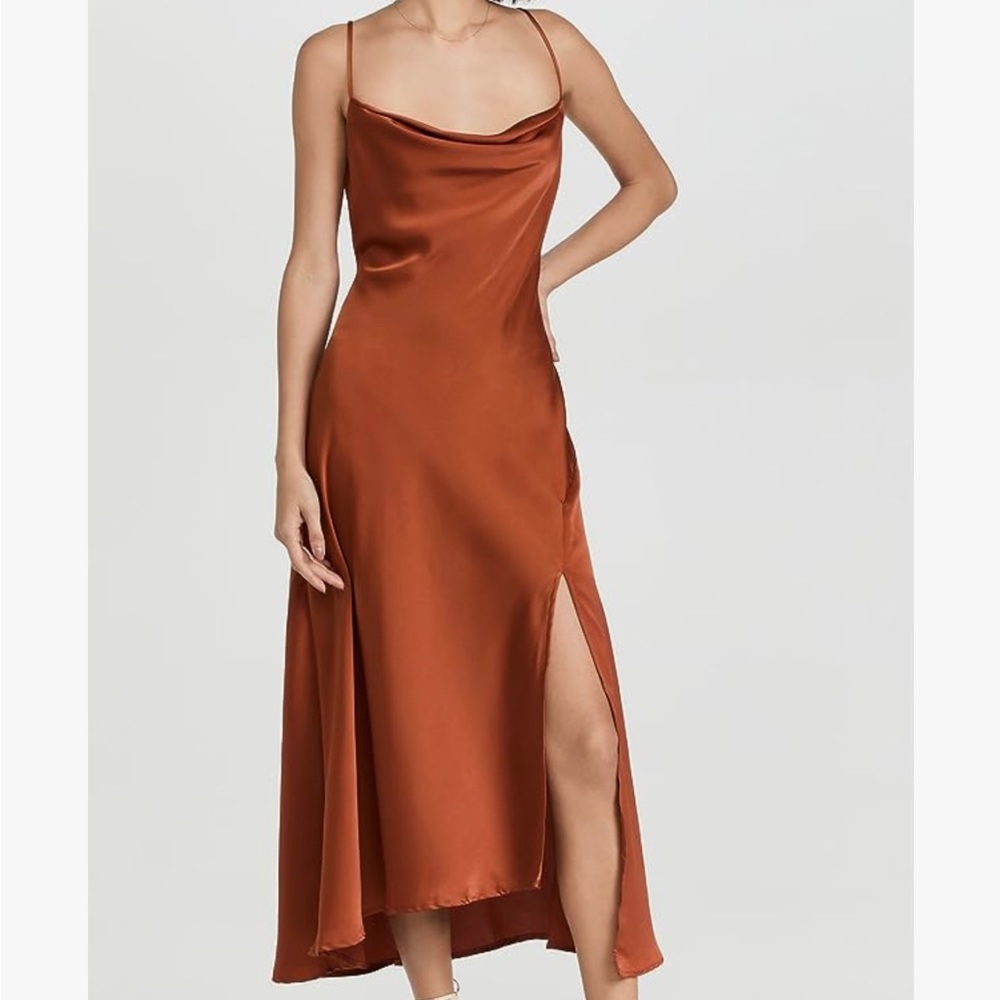 ASTR the Label Gaia Silk Slip Dress in Rust, XS